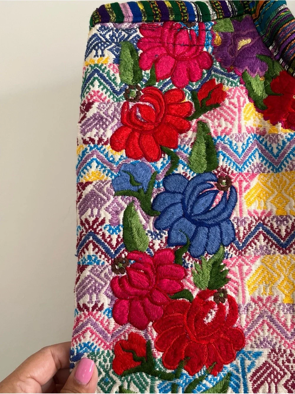 Floral Embroidered Huipil Shoulder Tote Bag Multi Color Boho Hippie Festival